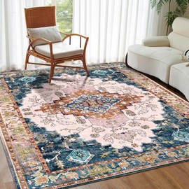 ROCYJULIN 5x7 Area Rugs for Living Room, Low-Pile Faux Wool 5 x 7 Rug for Bedroom, Non-Slip Indoor Carpet for High Traffic Areas, Green & Cream