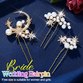 HEREAD Star Rhinestone Bride Wedding Hair Pins Gold Pearl Bridal Hair Accessories Moon Hair Pieces for Women and Girls (Gold)