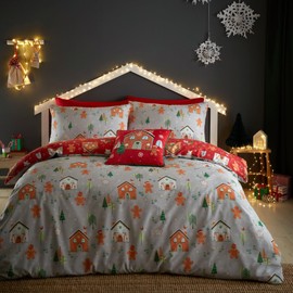 Bedlam - Christmas Gingerbread House Duvet Cover - Single Size (140 x 200 cm) - Reversible (2 Colors) - 1 x Pillowcase - Gingerbread Man Duvet Cover - Christmas Bedding - Christmas Decoration