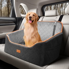 HiPetpy Dog Car Seat for Medium Dog, Booster Seat for Dogs Under 55lb, Elevated Pet Seat with Pocket, Anti-Slip Bed for Car, Perfect for Back Seat & Trunk with 2 Safety Leashes (Black/Grey, Large)
