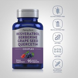 Piping Rock Resveratrol Berberine Grape Seed & Quercetin Complex | 90 Capsules | Vegetarian, Non-GMO, and Gluten Free Supplement