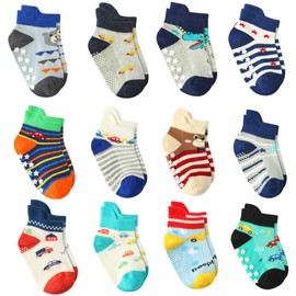 12 Pairs Baby Boy Grip Socks Cotton Non Slip, Newborn Infant Toddler Boy Anti Skid Socks (12 Pairs, 3-5 Years)