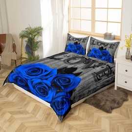 Erosebridal Couple Wedding Duvet Cover Valentine's Day Rose Floral Bedding Set Queen Romantic Royal Blue Rose Comforter Cover for Girls Women Pastoral Farmhouse Flowers Quilt Cover 2 Pillow Cases