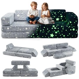 INFANS Modular Kids Play Couch, 10PCS Toddler Creative Sectional Fort Building Sofa for Playroom, Bedroom, Children Convertible Soft Foam Furniture Playset Floor Cushion Boys Girls (Grey-Fluorescent)