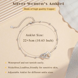 Cangall Silver Women's Anklets, 925 Sterling Silver Ankle Bracelets for Women, 22+5cm Adjustable Anklet Chain with Double Heart Design, Dainty Forever Love Beach Barefoot Foot Chain for Summer Beach