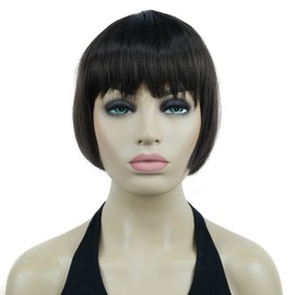 Lydell 6" Straight Short Bob Hair Flat Bangs Cute Central Dot Skin Top Heat Resistant Synthetic Wigs (Chestnut Brown)