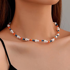 Beaded Necklaces for Women Pearl Necklace Colorful Dainty Boho Choker Freshwater Pearls Summer Beach Vacation Necklace Pearl Beaded Necklaces Accessories Jewelry (E-ColorfulPearl)