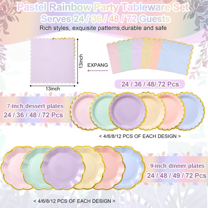 216 Pcs 72 Guests Pastel Plates and Napkins Party Supplies