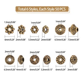 PandaHall 300 Pieces 6 Style Antique Bronze Spacer Beads, Tibetan Metal Alloy Jewellery Beads, Tube Intermediate Pieces, Flower, Flat Rondelle, Loose Beads for Bracelet, Necklace, Earrings, Jewellery