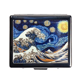 DingRound Silver Vintage Pill Box 7 Day Metal Pill Box with Mirror and 8 Compartments Cute Travel Pill Organizer for Purse (The Great Starry Wave)