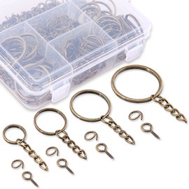 Swpeet Juego de 300 anillos de llavero de bronce, 100 anillos de llavero con cadena y 100 anillos de salto con 100 pasadores de ojo de tornillo a granel para hacer hallazgos de joyas, 3/5 pulgadas, 4/5 pulgadas, 1 pulgada, 6/5 pulgadas