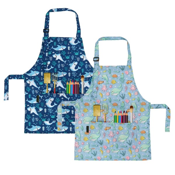 BeeGreen Shark Whale Kids Apron 2 Pack Cooking Aprons with Adjustable Strap Kids Kitchen Aprons with Front Pocket for Girls Toddler Painting Baking Artist Washable Foldable Lightweight