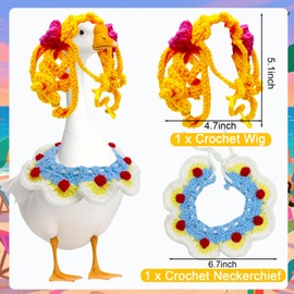 HejVulkan Crochet Porch Goose Outfits with Crochet Wig and Bandana, Cute Porch Goose Costume for Lawn Patio Decor, Garden Decoration Party Patio Yard