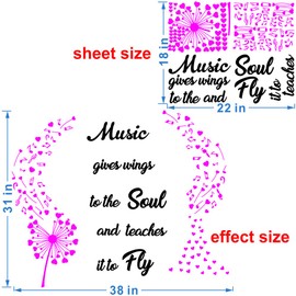 ANFRJJI Music-Inspired Soul and Wings Wall Sticker with Musical Notes and Dandelion - Removable PVC Wall Decal for Music Room or Kids Room Decor - Blush Color - effect 38"x 31" inch