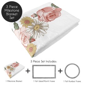 Sweet Jojo Designs Vintage Floral Boho Girl Milestone Blanket Monthly Newborn First Year Growth Mat Baby Shower Memory Keepsake Gift Picture - Blush Pink Yellow Green Shabby Chic Rose Flower Farmhouse