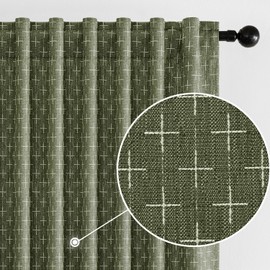 MIULEE Decorative Back Tab Linen Curtains with Geometric Pattern for Living Room Bedroom Farmhouse Rustic Thick Woven Textured Patterned Mudcloth Drapes 84 Inches Long 2 Panels Set, Olive Green