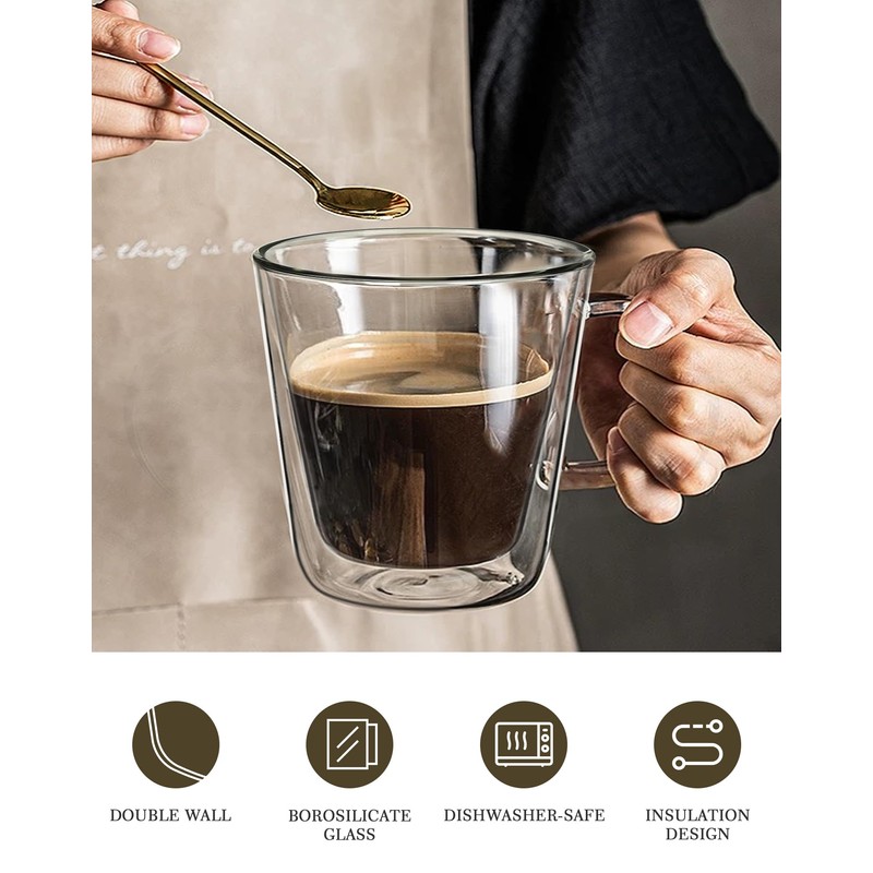 12oz Double Wall Glass Coffee Mugs, Cappuccino Latte Tea Cups
