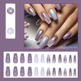 Press On Nails Coffin Press On Nails Purple Gradient Fake Nails Flower Glossy Shiny Acrylic Nails Stick On Nails Press On Nails For Women 24pcs