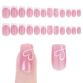 Xiwlaikeqi French False Nails,24PC Square Long Press on Nails Tips with Nail Glue,Stick on Nail with Heart Design,Glossy Full Cover Fake Nail Extensions for Women and Grils