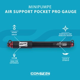 CONTEC Bicycle Mini Pump Air Support Pocket Pro Gauge, Aluminium, for AV/SV Valves, up to 8.3 bar, Robust, Compact, Integrated Pressure Gauge, Black