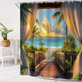 KDYDK Ocean Beach Shower Curtain Teal Orange Sea Sunset View 70" L x 70" W