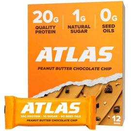 Atlas Bar – 20g Protein, 1g Sugar, 0g Seed Oils, 0g Artificial Sweeteners (12 Count, Peanut Butter Chocolate Chip)
