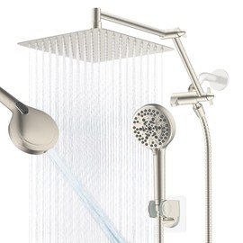 All Metal Rain Shower Head, 10” High Pressure Rainfall Shower Head with Handheld, 5" Large Handheld Showerhead Powerul Wash 10-Spray, 16" Shower Extension Arm Adjustable Height/Angle, Brushed Nickel