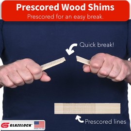 Glazelock Prescored Wood Shims for Leveling (24 Shims) 8-Inch Length - Professional Quick-Snap Scored Pine Wooden Wedges to Level Doors, Windows, Indoor Cabinets, Counters, Drywall - Made in The USA
