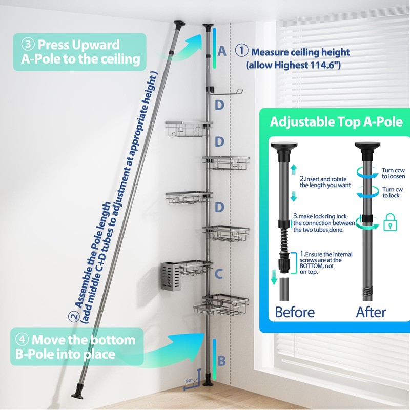 Corner Shower Caddy Organizer Tension Pole, Adjustable 6 Shower Shelves