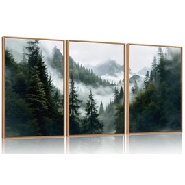 HOURIA Boho Forest Mountain Framed Canvas Wall Art Set,Nature Foggy Woodland Ridge Wall Decor,Misty Pine Tree Artwork,Sage Green Botanical Art Prints for Living Room, Bedroom, Farmhouse-16 x24 x3
