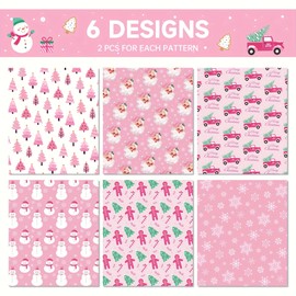 lyroiphic Christmas Wrapping Paper - 12 Sheets (50 x 70 cm) Christmas Paper with Christmas Tree, Santa, Snowman, Snowflake - DIY Craft Paper for Gift Wrapping (Pink)