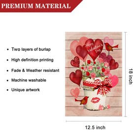 LHSION Happy Valentine's Day Garden Flag 12.5 x 18 Inch Love Heart Flowers Garden Flag Decorative Double Sided Large Flag for Valentine's Day Decoration