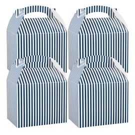 Restaurantware Bio Tek 10 x 7 x 8 Inch Gable Boxes For Party Favors, 25 Attractive Gift Boxes - Striped Design, With Built-In Handle, Blue And White Paper Barn Boxes, Disposable, For Parties