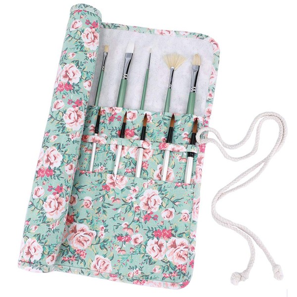 Amoyie Roll-up Paint Brush Holders Large Capacity Canvas Storage Bag for Acrylic Oil Watercolor Gouache Art Paint Brush Large Capacity Brush Carrier Pouch 20 Holes, Floral