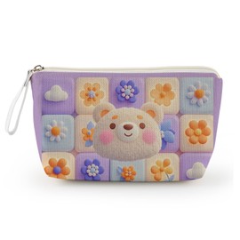 Livel lhood Little Bear and Little Flower Print Makeup Bag Women Gift Linen Texture Polyester Cosmetic Bag Travel Brush Holder Zipper Pouch