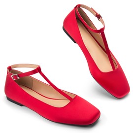 NIEARDAN Mary Jane Flats Women Adjustable T Strap Square Toe Ballet Flats Ankle Strap Dress Comfortable Flats for Work,Date Nights Party,Office,Wedding,Size 9.5，Red