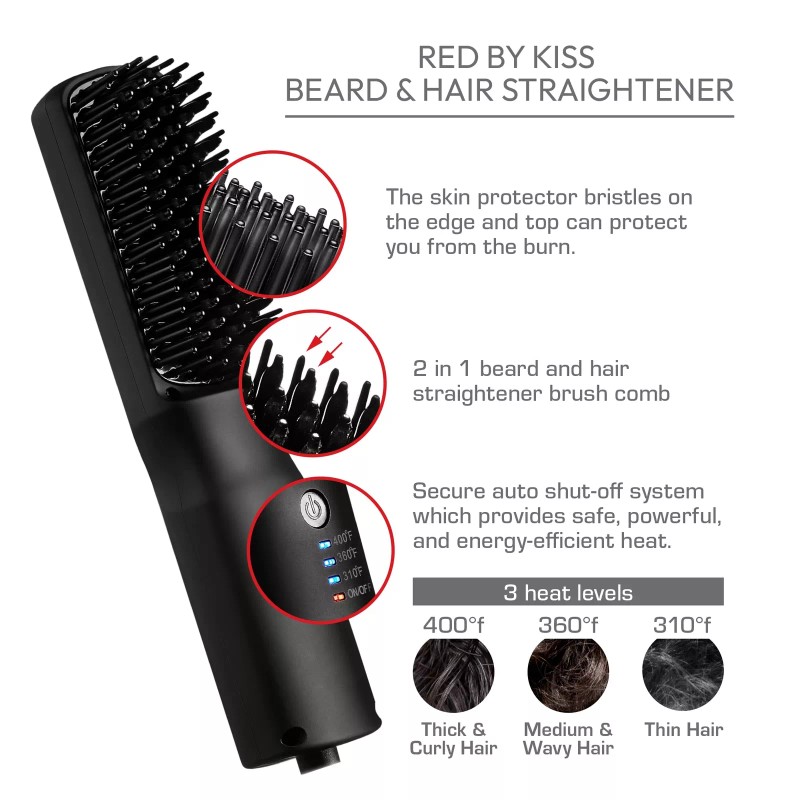 Red by Kiss Beard Hair Straightener Heated Comb Brush for