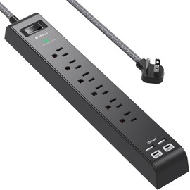 Flat Plug Extension Cord, Surge Protector Power Strip 10 ft with 4 USB Ports 2 USB-C 6 AC Outlets, USB Charging Station, Wall Mountable for Home, Office, Dorm Essentials, 1080J, ETL Listed, Black