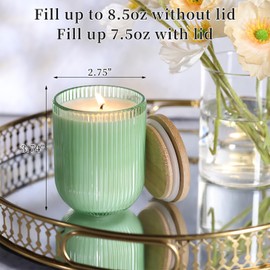 12PCS Green Ribbed Candle Jars for Making Candles, 8.5 OZ Empty Glass Candle Making Jars with Bamboo Lids, Candle Wick Kit and Sticky Warning Labels, Candle Vessels for Candle Making