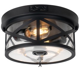 Motion Sensor Outdoor Ceiling Light, Adjustable Black Flush Mount Light Fixture, 2-Light Porch Lights Outdoor, Clear Glass Industrial Exterior Ceiling Lights for Patio, Garage, Entryway, Farmhouse