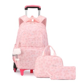 Bansusu 3Pcs Kids Rolling Backpack for Girls with Lunch Bag, Lucky Leaf School Bag Girls Roller Backpack with 6 Wheels, Pink