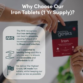 Nutrition Geeks Iron Tablets High Strength 14mg - 365 Tablets, 12 Months Supply - Vegan Iron Supplements for Women and Men - Ferrous Fumarate Energy Tablets, Reduces Tiredness and Fatigue - UK Made Iron Vitamin