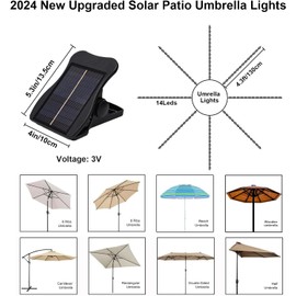 VOOKRY Solar Umbrella Lights Outdoor, Waterproof Solar Powered Patio Umbrella Lights Cordless 8 Modes LED Umbrella Patio Lights for Beach Tent Camping Garden Party Decoration(Warm White)
