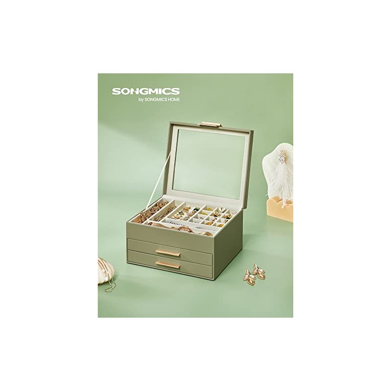 SONGMICS Caja de Joyas, 3 Niveles, Tapa de Cristal, 2