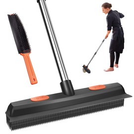 Rubber Broom - Telescoping Handle 142cm Rubber Brush for Carpet, Pet Hair Removal Broom with Squeegee, Rubber Brush for Carpets and Couch