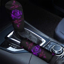JEOCODY Handbrake Cover + Gear Shift Knob Cover Set Purple Roses Car Protector Accessories Fits for Women Gifts