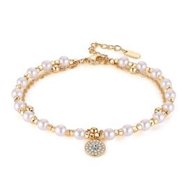 HZMAN Pearl Bracelet for Women Dainty 14K Gold Plated Faux Pearl Evil Eye Link Bracelet Lucky Protection Jewelry Gift