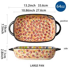 ONECCI Retro pastoral style Ceramic Baking Dish Rectangular Bakeware Set Baking Pan, 2-piece Hand-painted Porcelain Baking pan with handle, Casserole Dish for Oven/Cooking/Kitchen (Romantic Flower)