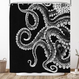 Pakena Cool Kraken Monster Shower Curtain 72x72 Inch Modern Black Octopus Shower Curtains Bathroom Set for Kids Funny Nautical Coastal Teen Bath Curtain Marine Ocean Theme Fun Bathroom Home Decor