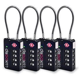 LUXOORO Tool-Less TSA Approved Luggage Lock with Alert Indicator, 4-Digit Resettable Combination, Durable Zinc Alloy Travel Locks for Suitcase, Backpack, Toolbox, Locker, Keyless – Black (4 Pack)